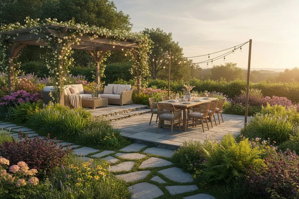 Diseño de jardín con IA - jardín moderno con terraza y paisajismo