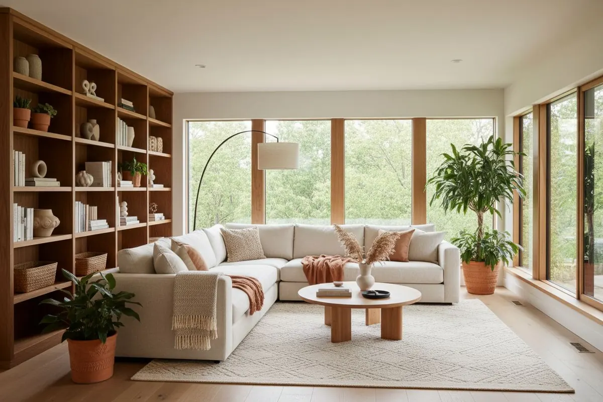 Diseño de sala de estar con IA - sala moderna con luz natural